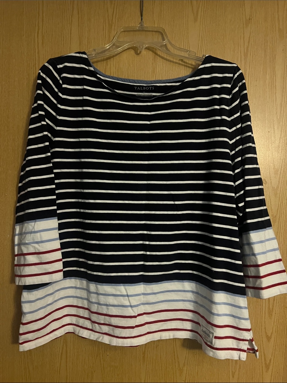 Talbots Navy, White & Red Striped Long Sleeve Boatneck Top